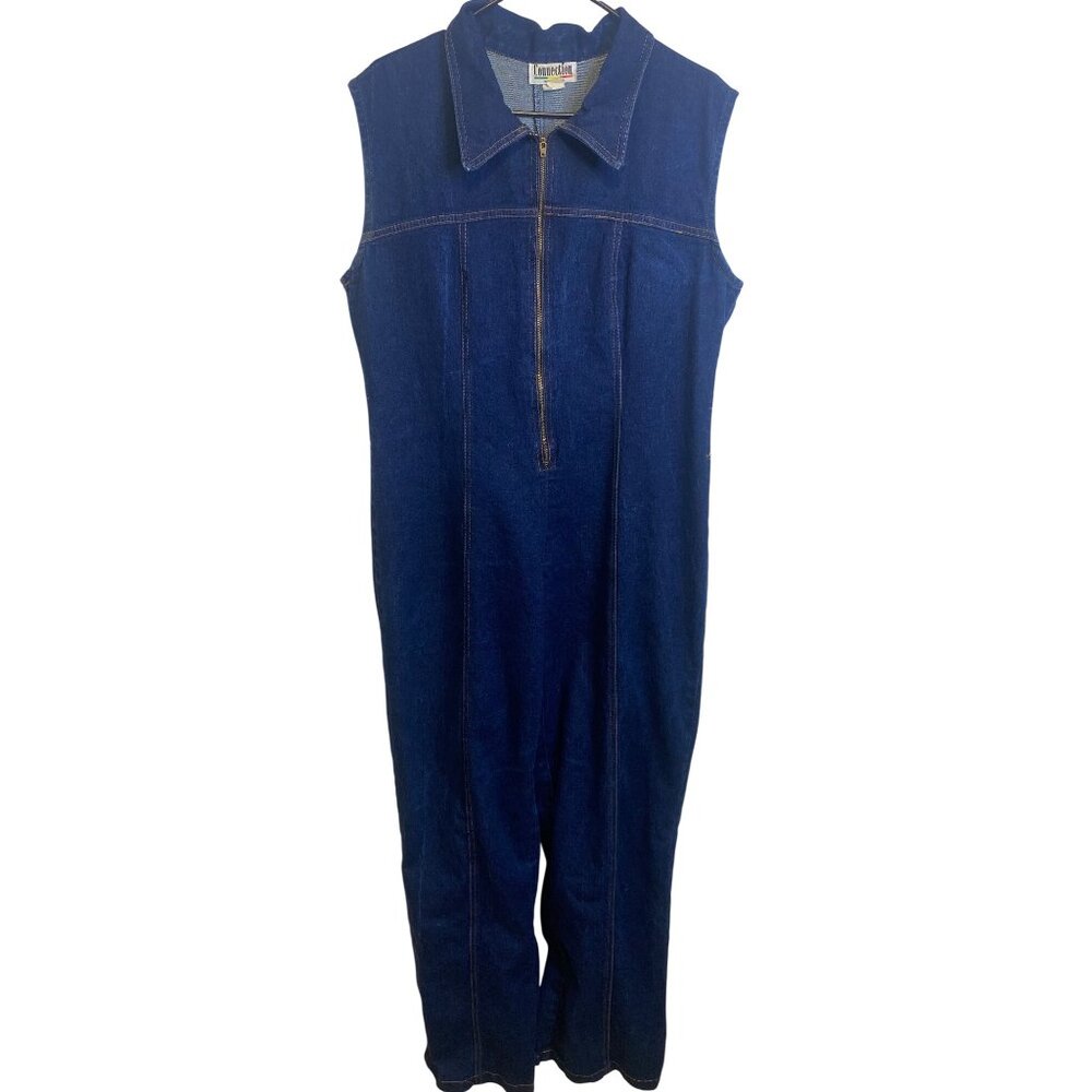VINTAGE Connection Jumpsuit Womens XL Denim Zip Front Sleeveless Made in USA Y2K